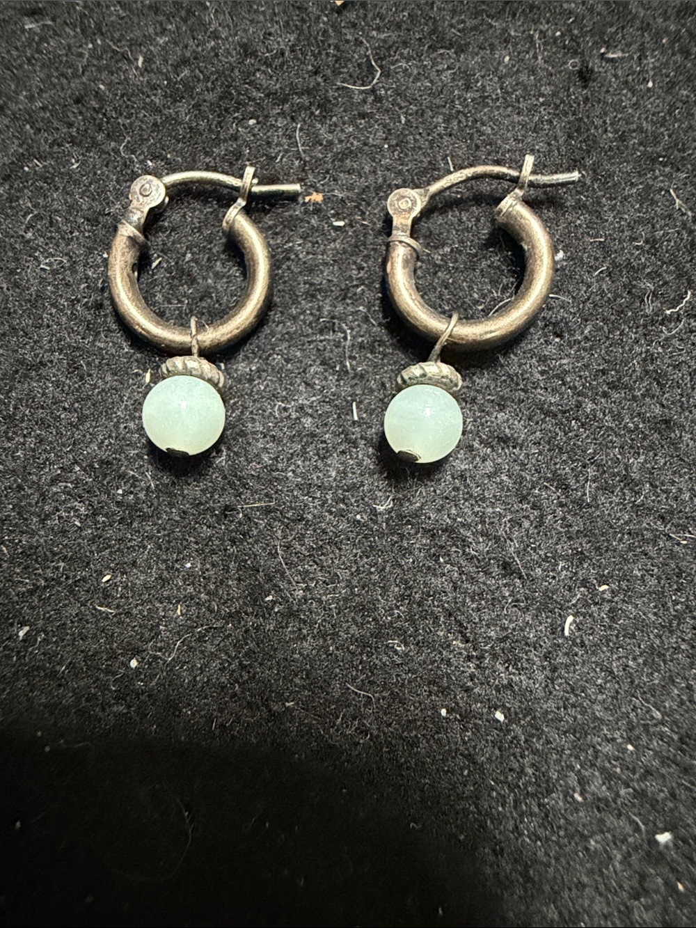 Source Unknown Silver Hoop Earrings with Pale Green Bead Drop